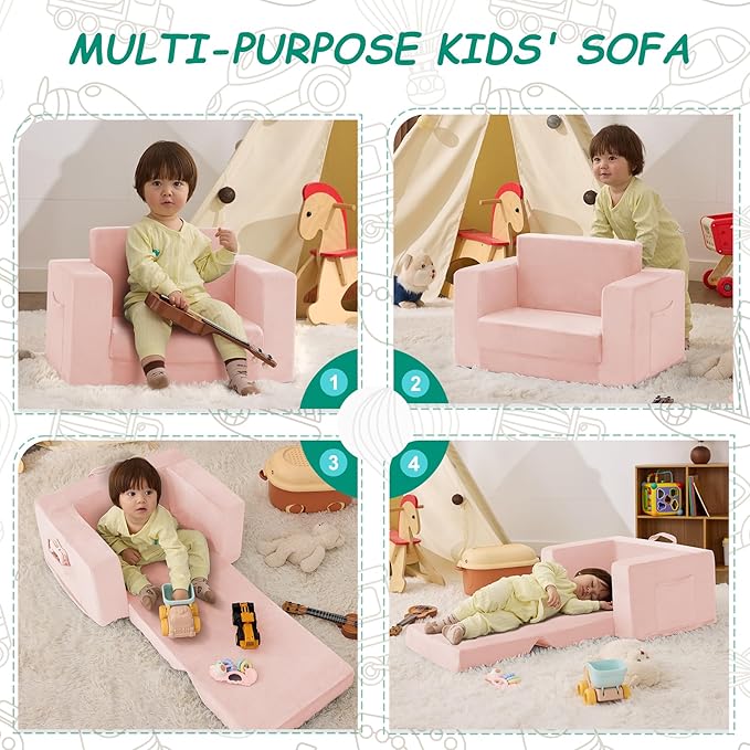 Kids Couch, 2-in-1 Toddler Chair Comfy 1-3 Years, Convertible Kids Chair, Toddler Couch That Fold Out, Kid Lounge Chairs for Boys and Girls, Soft Coral Fleece, Single, Pink