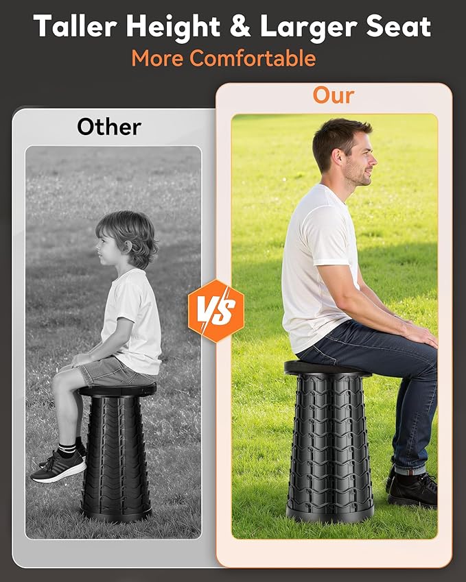 Portable Heavy Duty Collapsible Stool - Wide Seat, Extra Tall & Height Adjustable Stool - Retractable Folding Chair for Camping, Fishing, Hunting & Outdoor Use