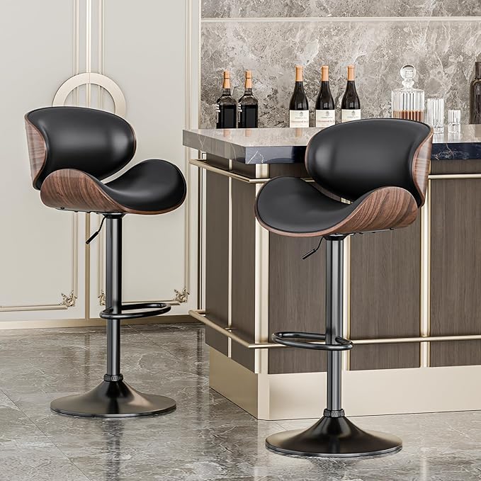 Aowos Bar Stools, Adjustable Swivel Barstools for Kitchen Island, Mid Century Modern Leather Counter Height Bar Chairs with Back & Footrest (Black 1PCS)