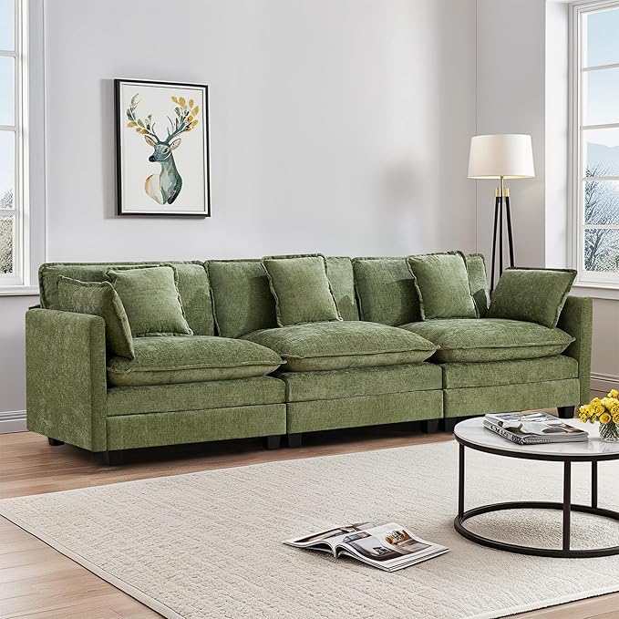 UMBFUN 3-Seater Cloud Couch, Oversized Modular Sectional Sofa with Deep Seat Soft Cushions, Comfy Chenille Couch for Living Room, Apartment & Family Space, Green