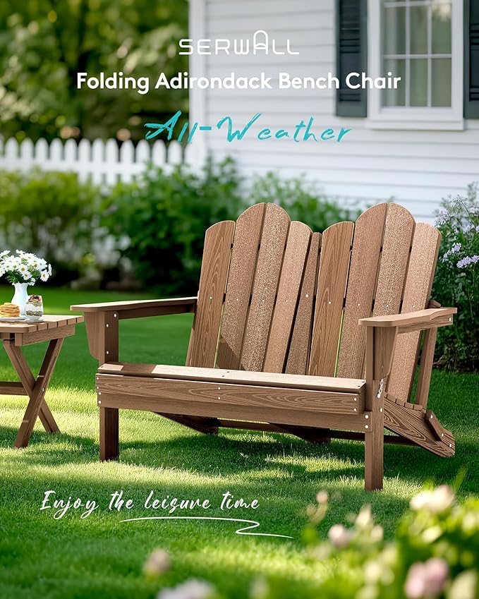 SERWALL Folding Adirondack Bench, HDPE All-Weather Adirondack Loveseat Set of 2, Brown