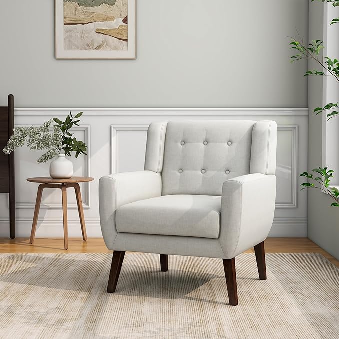 Accent Chair, Mid-Century Modern Fabric Chairs with Arms for Living Room, Comfy Upholstered Club Single Sofa Armchair for Bedroom Waiting Room with Solid Wood Frame (Fabric Beige, Set of 1)