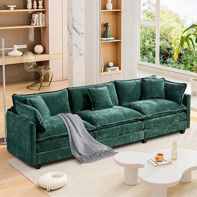 SoarFlash 113.78" Chenille Sectional Sofa, Comfy Modular Loveseat Sofa, Modern 3-Seat Couch Deep Seat Sofa Set for Living Room,Green