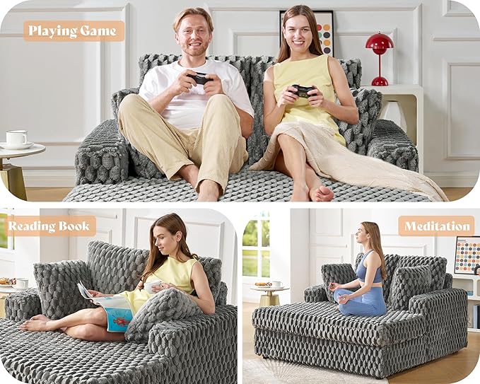 Jocisland 58 Inch Oversized Chaise Lounge, Plush Sofa Bed with Throw Pillows and Armrests, Upholstered Sleeper Chair- Comfy Chair Bed for Living Room, Ash Grey