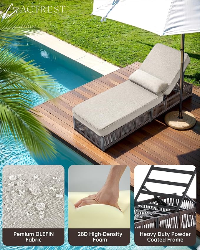 ACTREST Luxury Outdoor Chaise Lounge with 5 Inch Thickened Cushions - 1 Set High Back Brown Wicker Patio Recliners Rattan Reclining Chairs Porch Poolside Pool Sunbathing Lounger - Beige