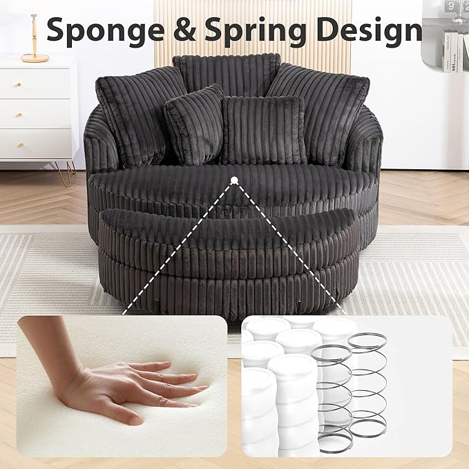 Chifee & Vingol 59.8" W Oversized Accent Round Chair Large Barrel Chair with Ottoman & Movable Wheels & 5 Pillows, Faux Fur Fabric - Charcoal
