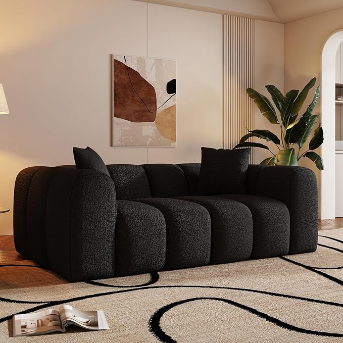70" Modern Chenille Fabric Sofa Couch – One-Piece Memory Foam 3-Seater Sofa with Rounded Arms, Soft & Cozy Upholstery for Living Room (Black)