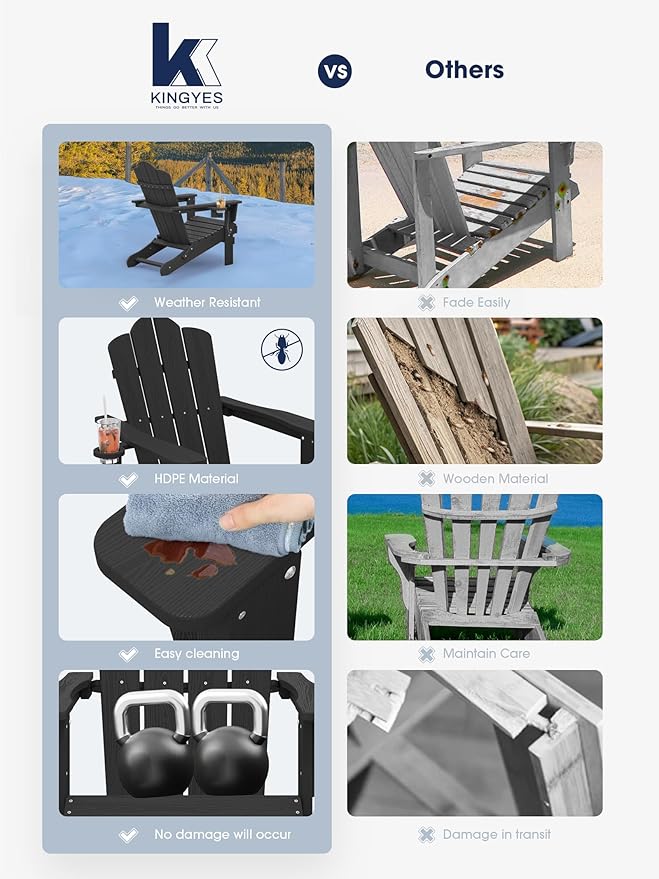 KINGYES Folding Adirondack Chair Set of 8, HDPE All-Weather Patio Chairs with Cup Holder, Wooden Textured Fire Pit Chairs for Poolside, Backyard, Deck, Black