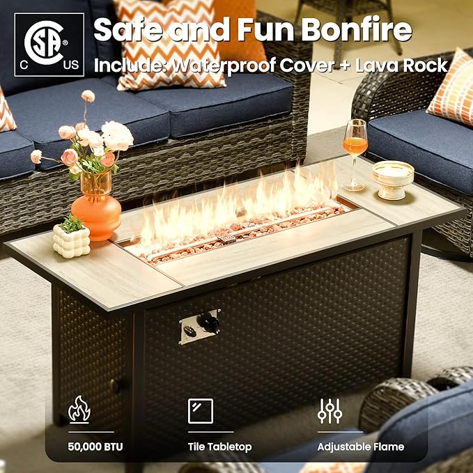 ovios 9 Pieces Patio Furniture Set, Outdoor Wicker Sofa Couch with Rocking Swivel Chairs Fire Pit Table, Modern Deep Seat Rattan Conversation Sets for Deck Porch, Denim Blue