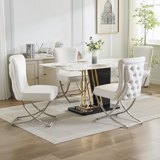 WUTUTUEE Luxury Velvet Dining Chairs, Tufted Upholstered Armless Accent Chairs with Silver Metal X-Legs, Modern Glam Dining Room Chair Set of 4, Beige