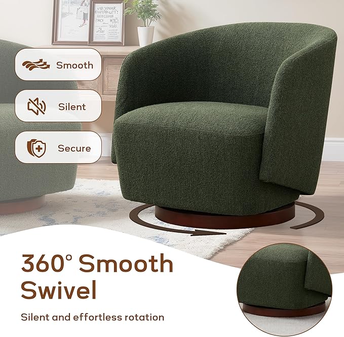 Boucle Swivel Accent Chairs Set of 2, No Assembly Upholstered Armchair with Rubberwood Base, 360° Rotating Living Room Chairs Set of 2 for Bedroom, Apartment & Reading Nook (2, Green)