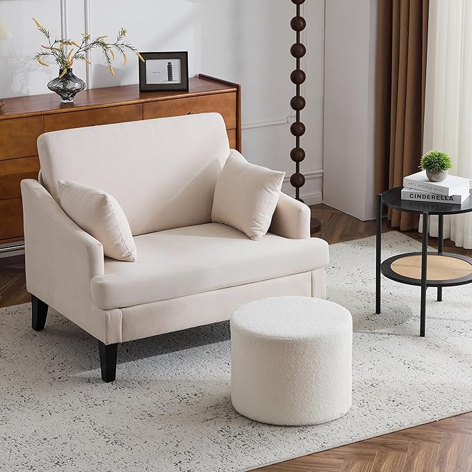 Bezseller Oversized Accent Chair with Ottoman - 33.5'' Wide Seat Comfy Armchair with 2 Pillows, Upholstered Big Reading Chair, Modern Single Sofa Chair for Living Room Bedroom Office, Beige/Beige