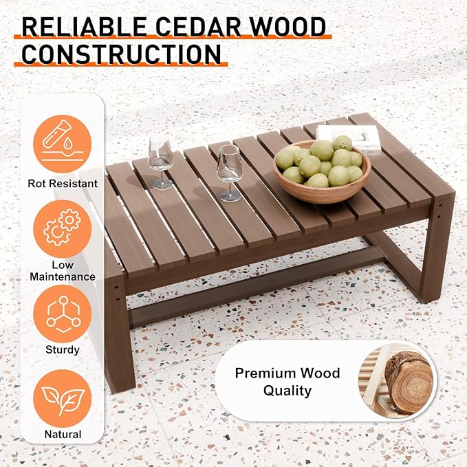 INTER HUT Rustic Hideaway Natural Cedar Wood Outdoor Furniture Set, Wicker Patio Conversation Set for Porch Garden Backyard, Couch and Coffee Table, 2 Piece, Brownish/Red