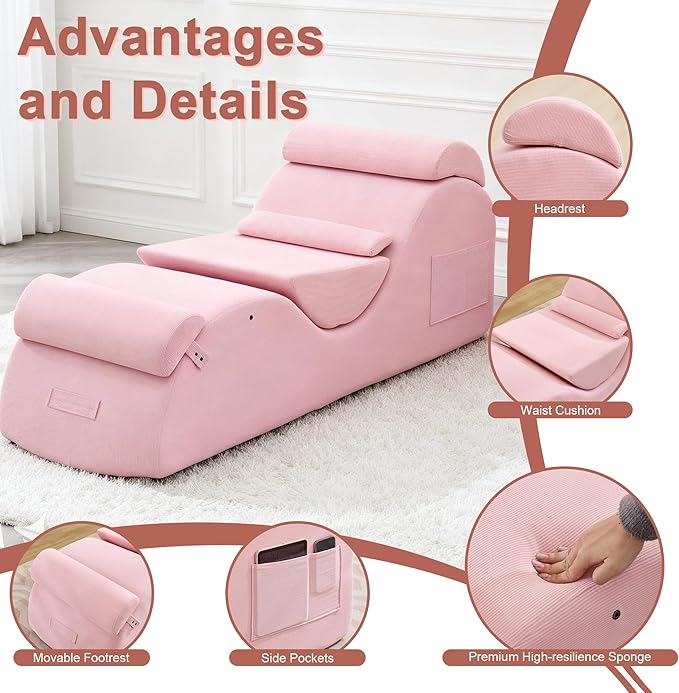 DRMBOOK Yoga Chairs for Adults, Corduroy Fabric Chaise Lounge with Headrest, Boneless Yoga Sofa Couch with Waist Cushion, Movable Footrest, Side Pockets for Relaxation Exercise Stretching (Pink)