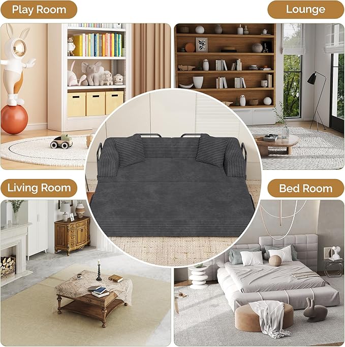 Convertible Coarser Corduroy Sleeper Sofa Bed with Cylindrical Pillow, Folding Mattress Couch with Fixed-Shape Frame, Floor Sofa Lounge Couch for Living Room Bedroom Lounge Studio, Dark Grey