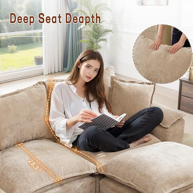 Korser 122" Sectional Couches for Living Room, Modular Boneless Sofa, Cloud Sofa, Fluffy Cushions, Double-Layer Cushioned, with Convertible Ottoman