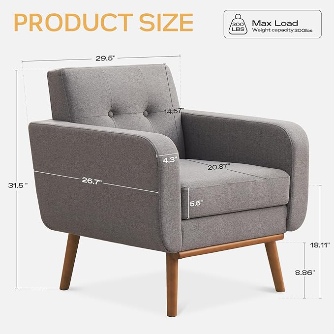 HUIMO Fabric Accent Chairs Set of 4, Button Tufted Living Room Chairs Easy to Install, Mid Century Modern Chair, Upholstered Arm Chair for Living Room Bedroom Study Office (4, Dark Grey)