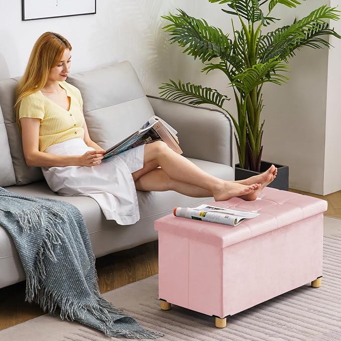 30 Inches Folding Storage Ottoman Bench, Velvet Storage Chest, Footrest Couch with Wooden Legs, Support 350lbs for Bedroom, Living Room, Hallway, Pink