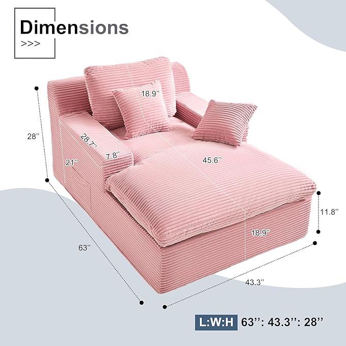63" Oversized Boneless Chaise Lounge Chair, Extra Cloud Layer, Convertible Sleeper Sofa Couch with Removable Pillows & Side Pockets, Corduroy Upholstered Sofa Bed with Armrests for Living Room, Pink