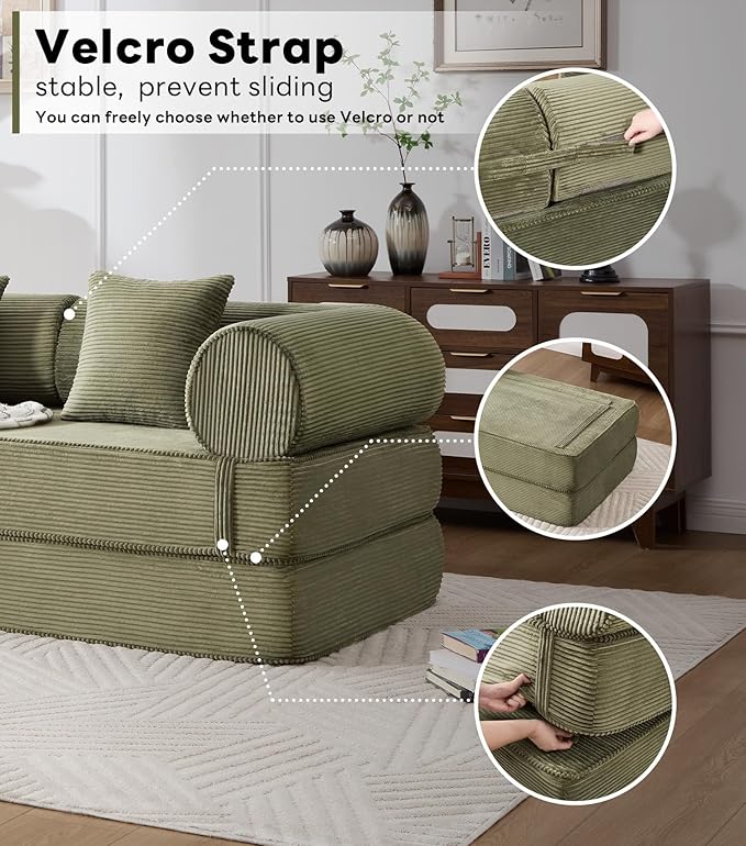 Tbfit Boneless Sofa Bed, Corduroy Compress Couch with Wide Armrests & 2 Pillows, Deep Seat Couches for Living Room