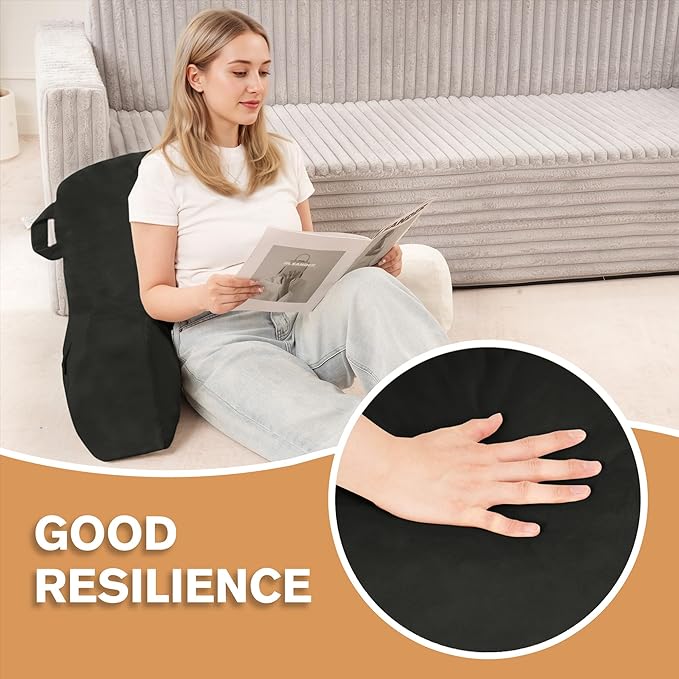 Unisakey Portable Comfy Reading Pillows for Bed Sitting Up(Grey Oeko-Tex), Velvet Back Pillow with Arms & Pockets for Adults, Support Memory Foam Bed Pillow for Dorm/Reading/Watching/Gaming
