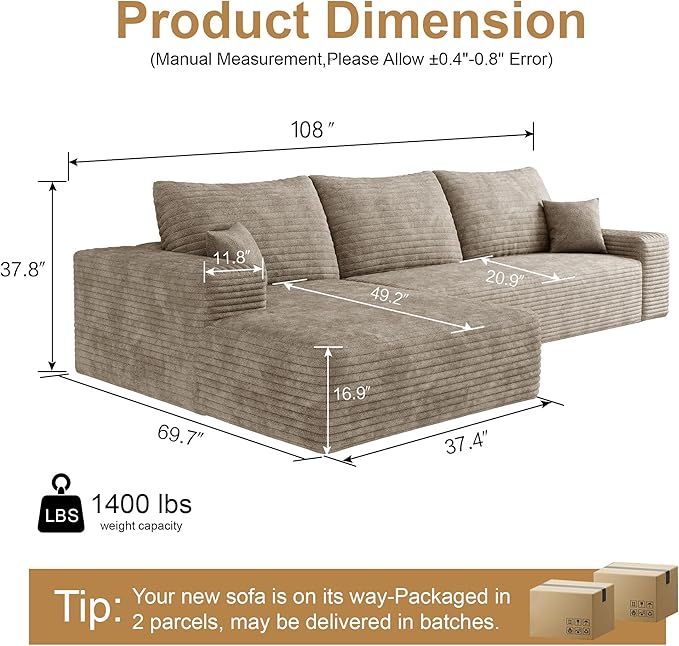AUGOP 108" Sectional Couches for Living Room Modern Modular Sofa with L-Shape Couchs Upholstered Boneless Couch Deep Seat Sectional Couch with Chaise (Camel, Left Facing Chaise+2Seaters)