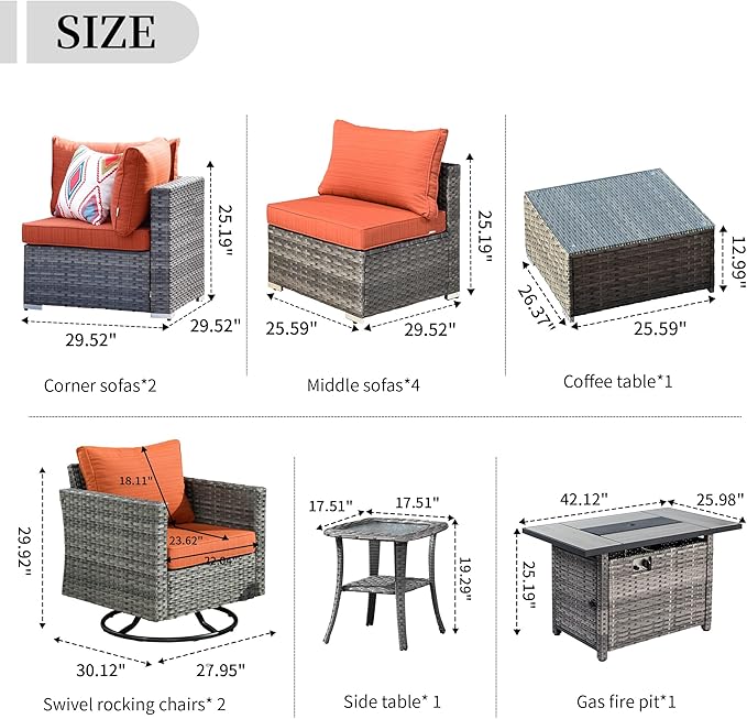 HOOOWOOO 11 Piece Patio Sectional Furniture Set with Fire Pit Table,Modern Wicker Outdoor Conversation Sofa Sets,Weather Resistant Modular L Shaped Outside Couch Swivel Chair Set(Orange Red)