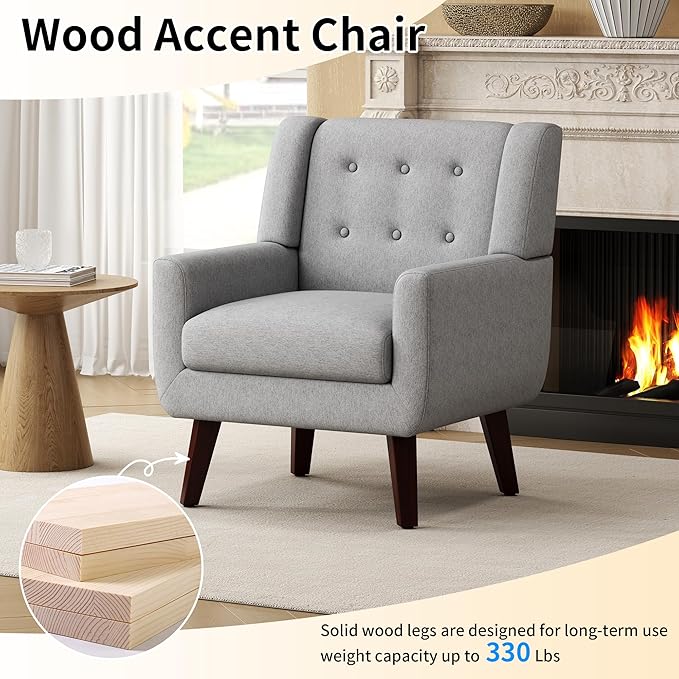 Accent Chairs, Mid-Century Modern Upholstered Living Room Armchair, Comfy Oversized Linen Fabric Single Reading Arm Chair with Tufted Back and Wood Legs for Bedroom, Club (1, Light Grey)