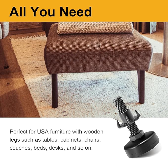 Mrosnail 4Pcs Adjustable Furniture Leveling Feet with T-Nuts, 3/8"-16 UNC Thread Screw-in Furniture Levelers for Tables, Sofas, Shelves, Cabinets