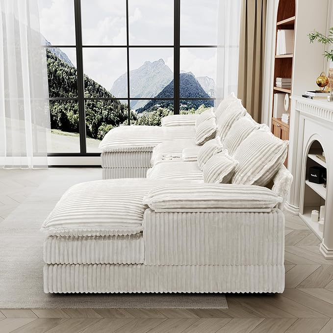 HYJT-H&K 124" U Shaped Cloud Couch Sectional, Comfy Plush Fluffy Corduroy White Sectional Couches for Living Room, Modern Modular Corduroy Couch Sectionals with Central Console & Double Chaise
