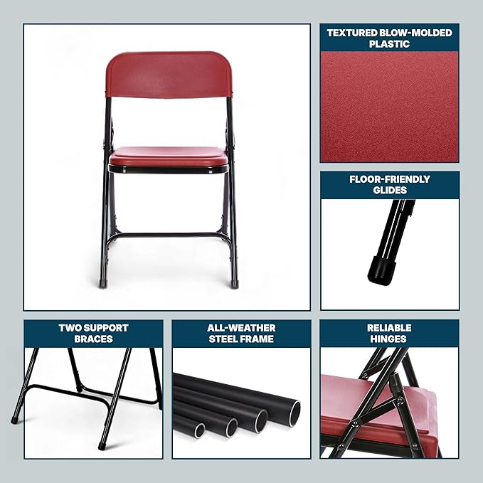 OEF Furnishings OEF800 Series Premium Heavy-Duty Plastic Folding Chairs, Lightweight, Durable Seating for Indoor and Outdoor Use, 500 lb Capacity (4-Pack, Red Plastic with Black Frame)