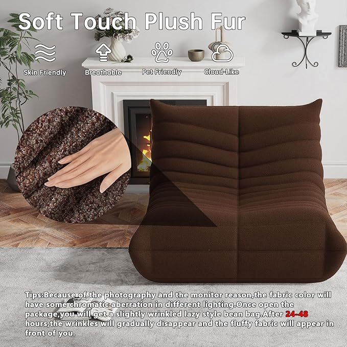 Bean Bag Chairs for Adults, BeanBag Reading Chair Memory Foam Couch, Floor Chair Soft Teddy Material, Comfy Reading Nook Chairs for Bedroom Living Room Office (Brown)