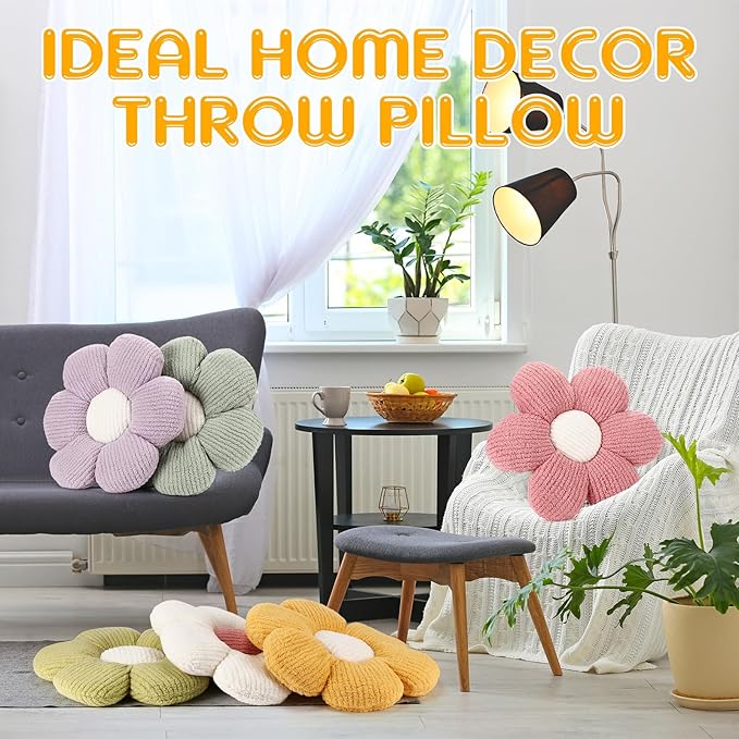 Coume 6 Pcs Flower Floor Pillows, Daisy Throw Pillows 16 Inch Flower Seating Cushions for Back to School Reading Classroom Sofa Couch Bed Decor (White, Pink, Purple, Yellow Green, Dark Green)
