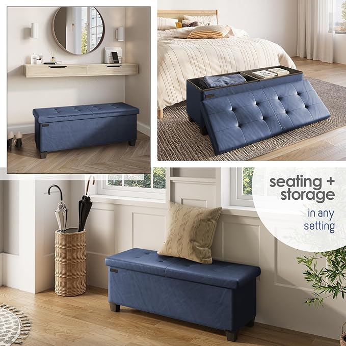 Storage Ottoman Bench with Bins, 43-in Storage Bench for Bedroom End of Bed, Folding Foot Rest Ottoman for Living Room Max 660lbs, Faux Leather Ottomans, Blue