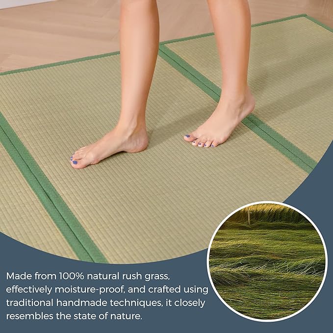 MAXYOYO Japanese Tatami Mat 100% Rush Grass Portable Folding Mat Futon Mattress Firm Traditional Floor Bed 79"x54"x0.47"