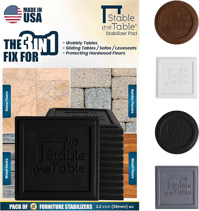 Stable The Table-12 Pack-Black Square, Furniture Leveler & Riser, Anti-Slip Sofa Gripper for Hardwood Floors, Floor Protector, Stacking Furniture Pad, Bed, Desk, Couch & Table Stabilizer, Made in USA