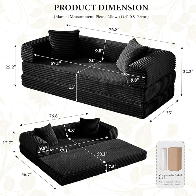 Chorlenimi Boneless Couch Futon Sofa Bed Sectional Couches for Living Room,Cloud Couch with Sleeper Sofa,Sofas for Living Room Oversized Corduroy Upholstered (Black, 76 Inches (No Iron Frame))
