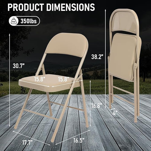 4 Pack Khaki Padded Folding Chairs Set - Comfortable Stackable Portable Chairs for Indoor Outdoor, Events, Parties, Office, Wedding (PU Leather, Urban Khaki,School Chair)