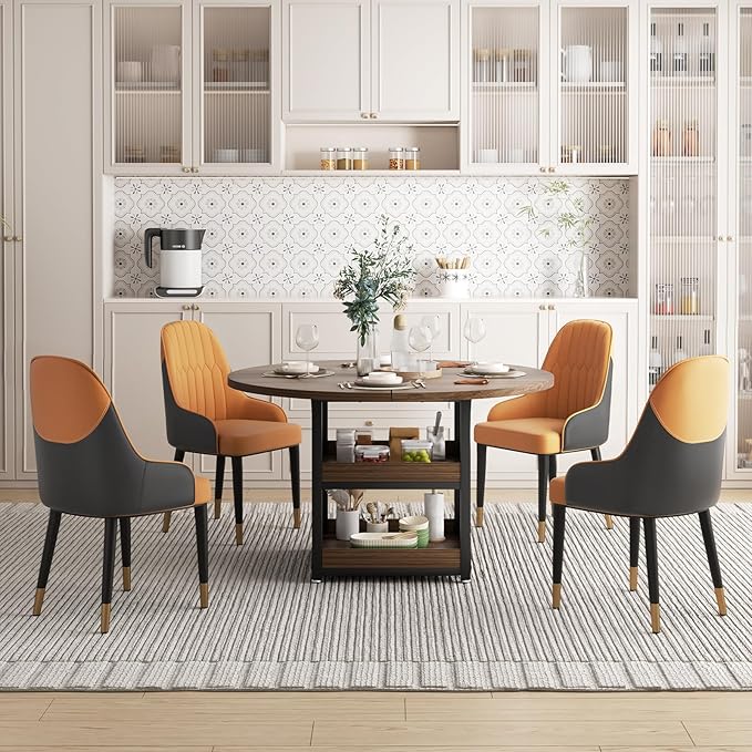 5-Piece Round Dining Table Set for 4 with Storage, Kitchen Table with 4 PU Leather Chairs, Space Saving for Breakfast Nook, Dinette, Dining Room (Boxwood Dining Table-4 Brown Chairs)