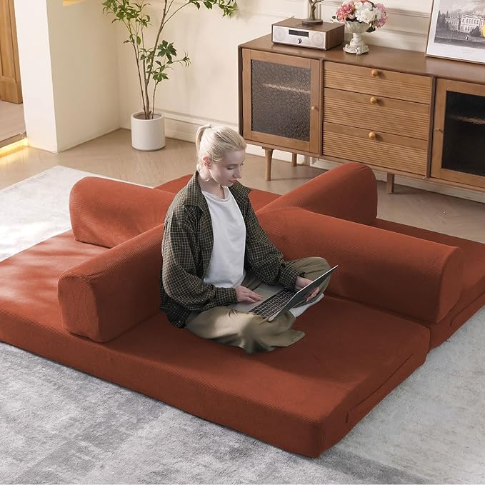 79" Convertible Sleeper Sofa Bed with Cylindrical Pillow, Corduroy Folding Mattress Couch with Fixed-Shape Frame, Floor Sofa Lounge Couch for Living Room Bedroom Lounge Studio