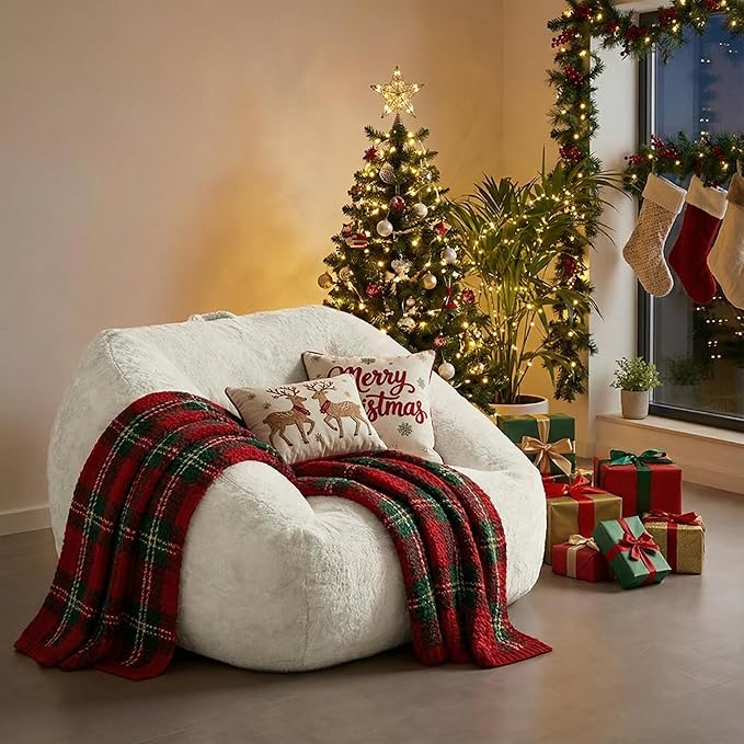 COSIEST Bean Bag Chair, Big Comfy Couch with Armrests, Furry Beanbag Chair with Foam Filler for Adults & Kids, Stuffed Accent Sofa for Reading, Lounge Floor Sofa for Living Room, Bedroom, Cream
