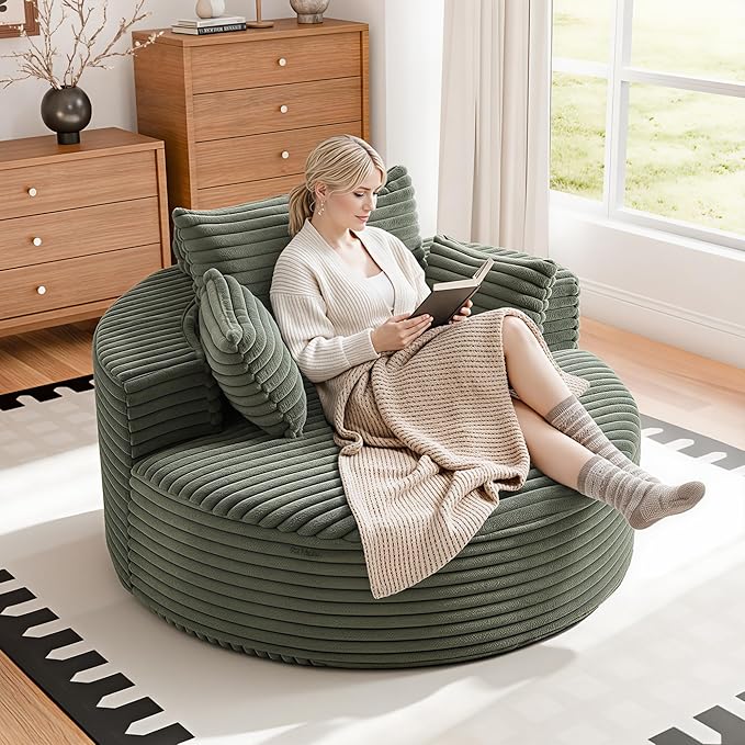 55'' Oversized Round Boneless Chaise Lounge Chair Indoor, Upholstered Corduroy Deep Seat Cloud Large Circle Sofa Couches Bed Corduroy Modern Floor No Assembly Sleeper Bed for Living Room, Bedroom