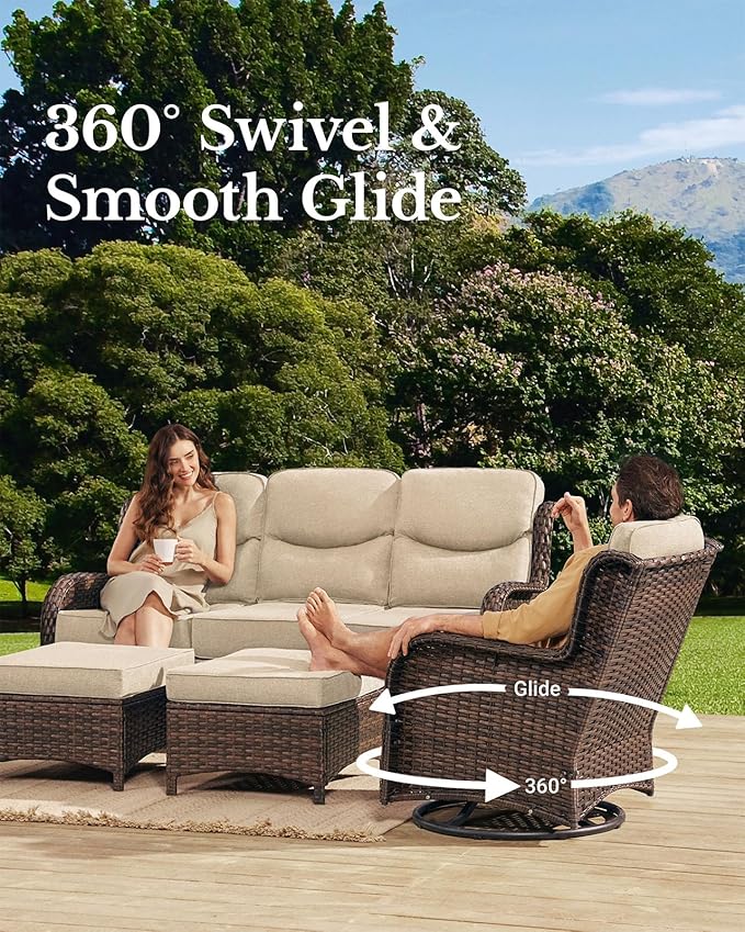 HILLGA Luxury Patio Furniture Set with 6-inch Thick Cushion, Outdoor Couch, Loveseat and High Back Swivel Rocker Patio Chairs, 7PCS Wicker Conversation Set for Deck Yard and Poolside, Beige (V2)