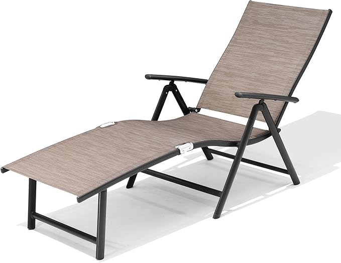 VredHom Patio Chaise Lounge Outdoor Adjustable Folding Lounge Chair Recliner with 8 Adjustable Backrest Positions for Pool Beach Yard,Textliene & Brown Aluminum Frame