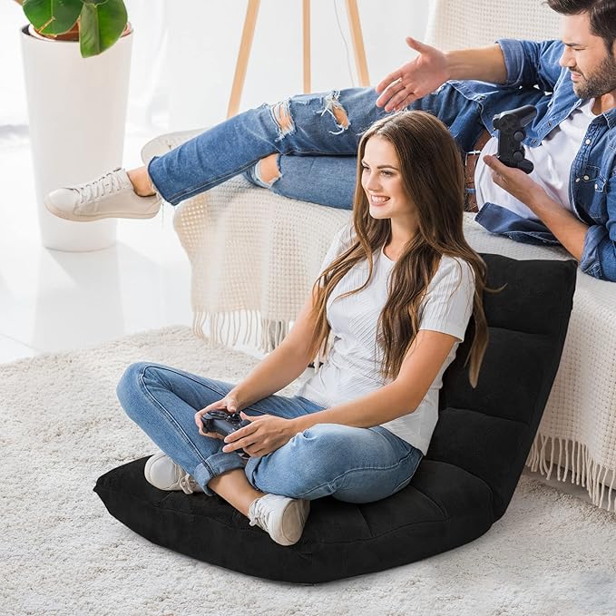 COSTWAY Adjustable Gaming Chair, Video Gaming Chairs with Back Support, Alloy Steel Frame, Soft Coral Fleece, Lazy Sofa Lounge for Reading Living Room Recliner for Adults Kids, Black