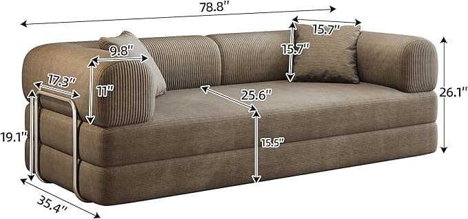 79" Convertible Sofa Bed, Corduroy Folding Pull Out Couch with Pillows, No Assembly Modern Boneless Couch Compression Sofa in Box, Floor Sofa with Support Rods for Living Room,Camel