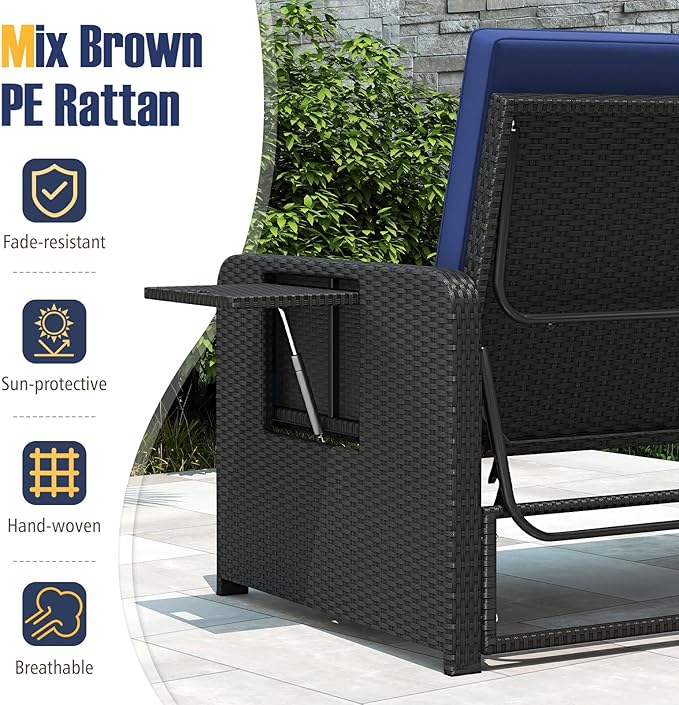 RELAX4LIFE Wicker Patio Outdoor Daybed - Rattan Day Bed Lounger w/Loveseat & Storage Ottoman, Sunbed Sofa Set w/Cushions, 4-Level Adjustable Backrest & 2 Retractable Trays, Patio Daybed (Navy-Black)