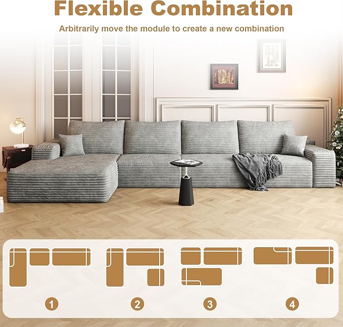 AUGOP 136" Sectional Couches for Living Room Modern Modular Sofa with L-Shape Couchs Upholstered Boneless Couch Deep Seat Sectional Couch with Chaise (Grey, Left Facing Chaise+3Seaters)