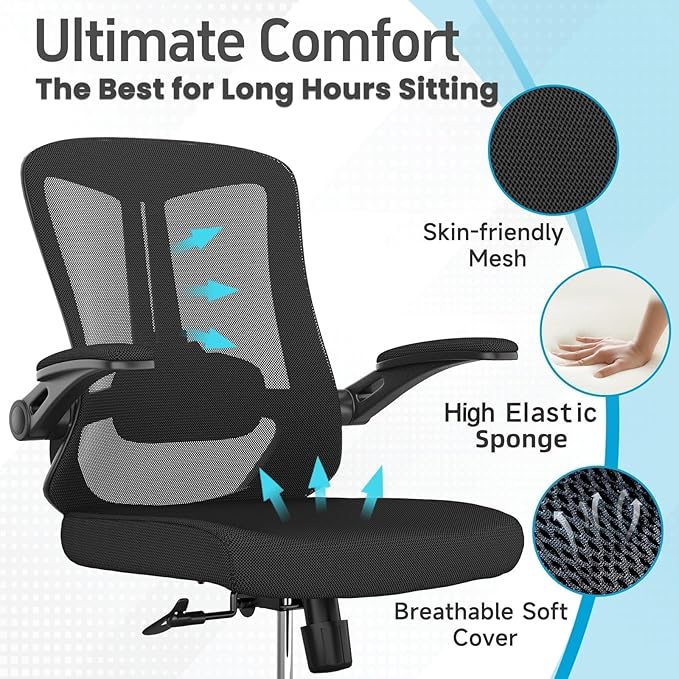 Ergonomic Office Chair - 400LB Comfy Desk Chairs with Lumbar Back Support, Mesh Computer Chairs with Wheels and Arms for Home Office, Study (Black-Without Headrest)