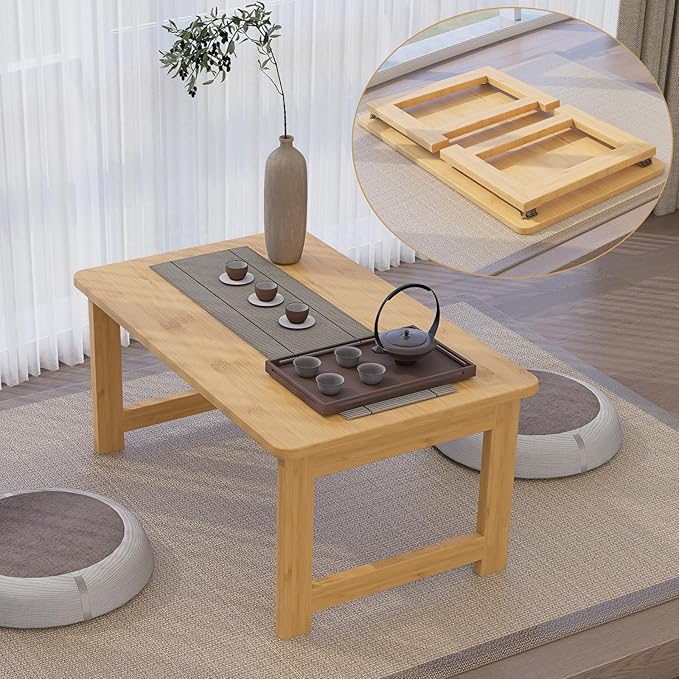 OETPJM Japanese Floor Table, Bamboo Folding Coffee Table, Portable Solid Wood Japanese Tatami Tea Table Table, No Assembly Japanese Dining Table for Sitting on The Floor, Easy Storage (Natural)